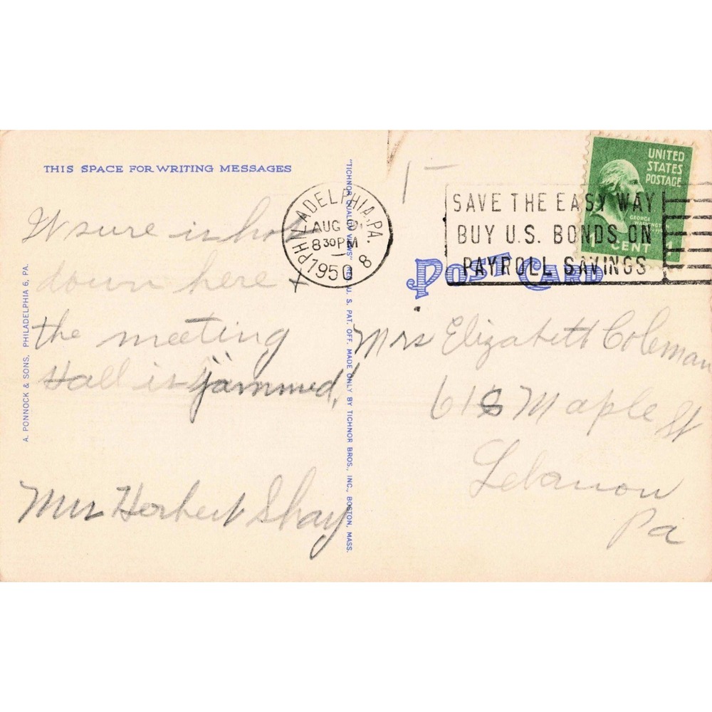 Vintage Christ Church Philadelphia PA Linen Postcard 1950 Postmark 61763 - Picture 2 of 2